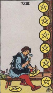 8 of Pentacles from the Rider Waite Smith deck