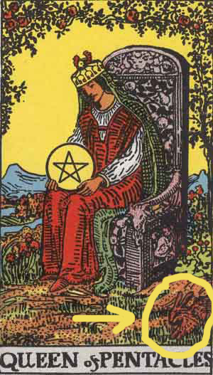 Queen of Pentacles from the Rider Waite Smith Tarot highlighting the Bunny