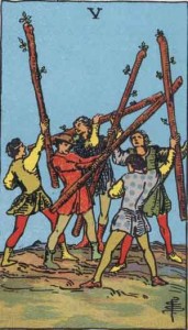 5 of Wands from the Rider Waite Smith Tarot