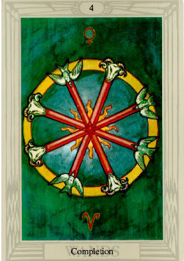 4 of Wands from the Thoth Tarot by Aleister Crowley and Lady Frieda Harris